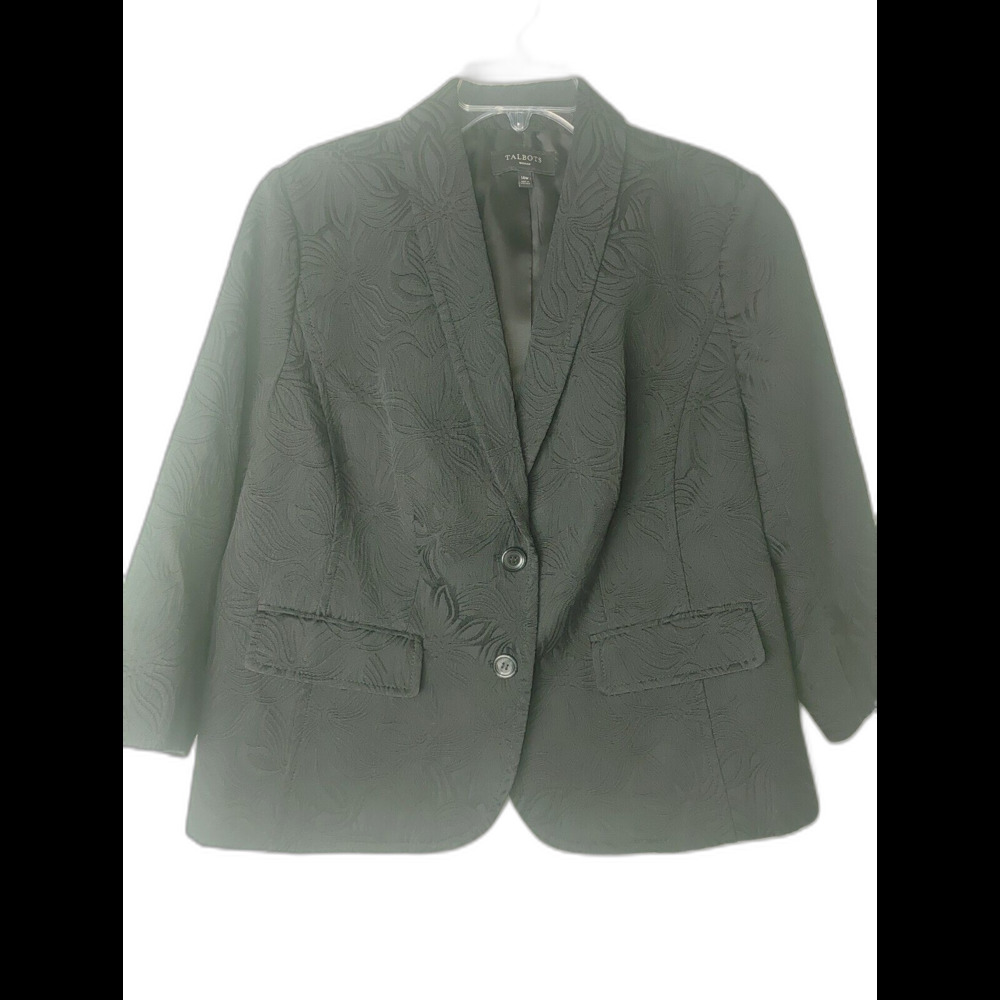 Talbots Woman Black Textured Two Button Blazer Jacket Size 14W Pockets